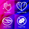 Four icons representing non-sticky, vegan friendly, great taste, and sugar free attributes on a colorful background.
