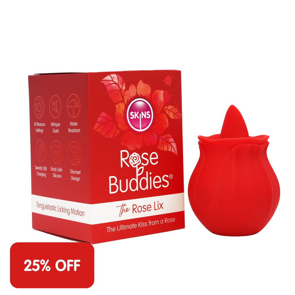 Skins Rose Buddies red Rose Lix packaging and product on a white background with red 25% off label in bottom left corner