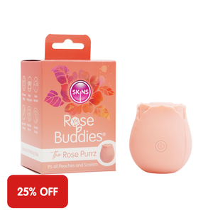 Skins Rose Buddies peach Rose Purrz packaging and product on a white background with red 25% off label in bottom left corner