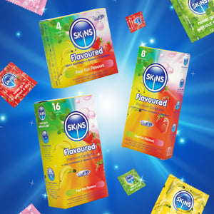 Promotional image of Skins flavoured condoms on a blue background