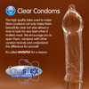 Clear condom with text and Invisitex branding on a brown background