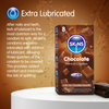 Box of Skins Chocolate Premium Condoms with lubricant information on a brown background