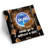 A Skins chocolate condom foil on a white background