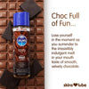 On the left, a zoomed in image of dark chocolate and a Skins Chocolate lube vertically laid on top. On the right a plain white background with some white copy about the taste of Skins lube.