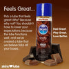 A brown gradient background with a bottle of Skins Chocolate lube to the right surrounded by pieces of chocolate. To the left, some information on why the Skins lubes feel so good
