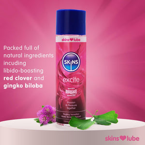 A bright pink background getting lighter towards the middle and a Skins Excite Lube stood on a white podium next to text about the ingredients.