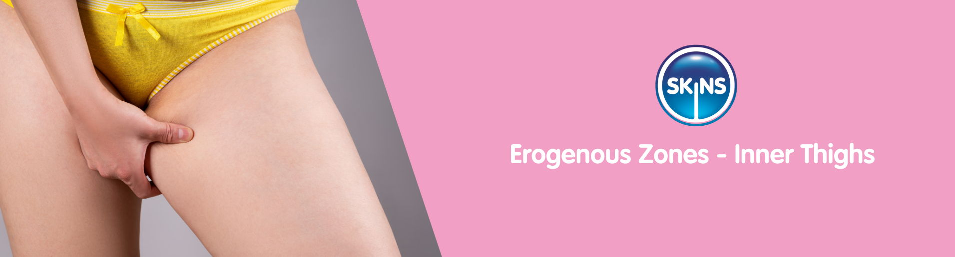 Woman in yellow pants holding her inner thigh