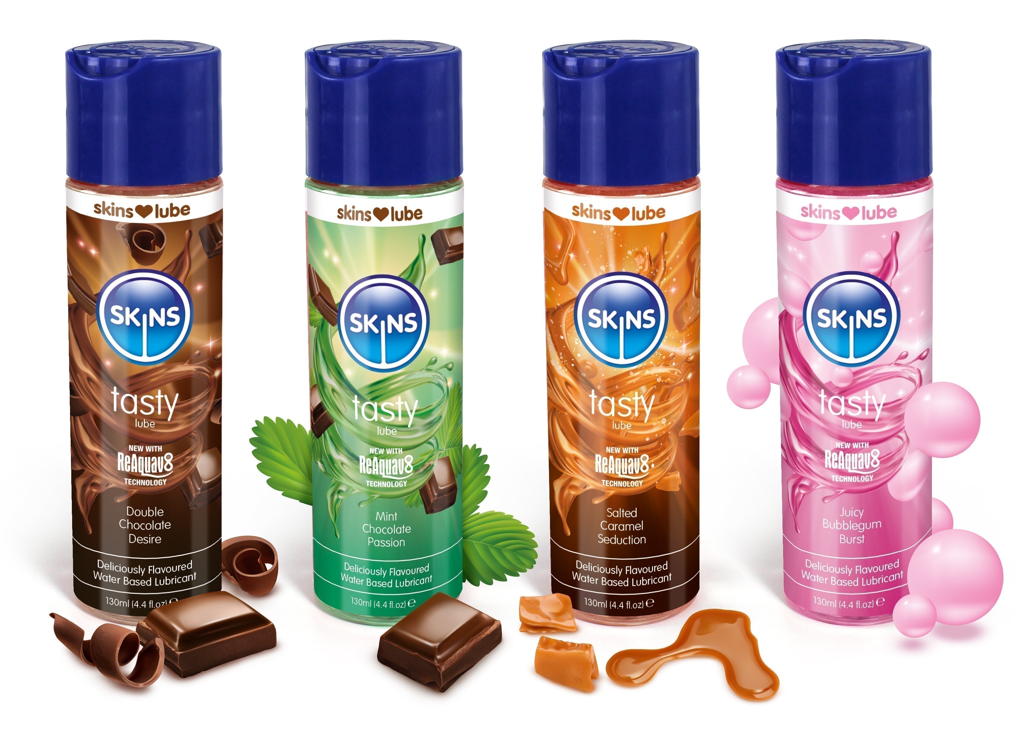Skins Tasty Water-Based lubricants shown in a row on a white background
