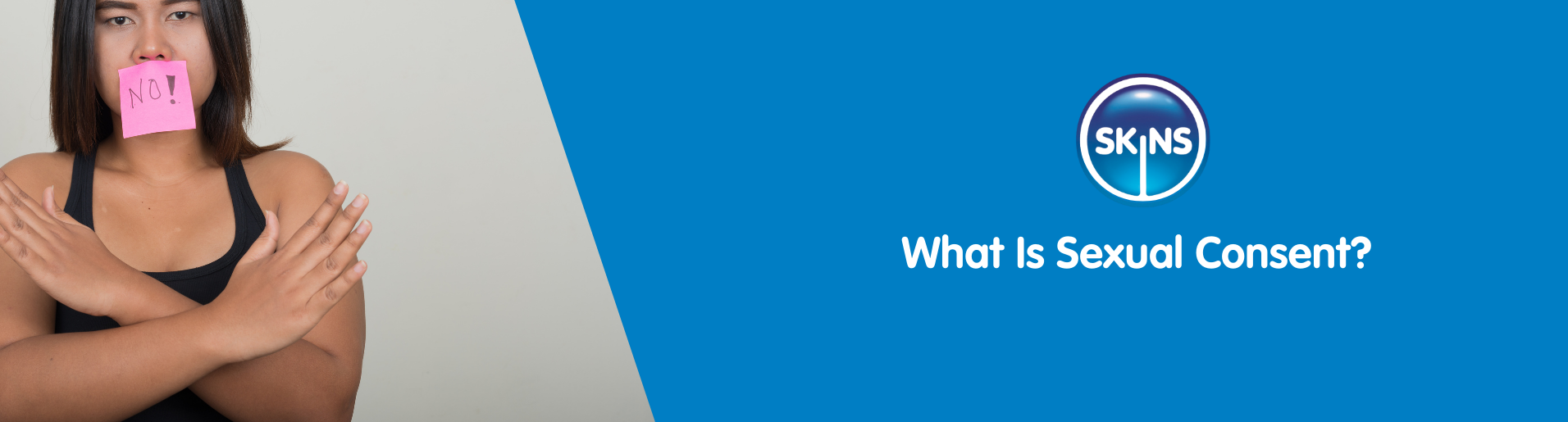 A woman crossing her arms and a post it note on his header.