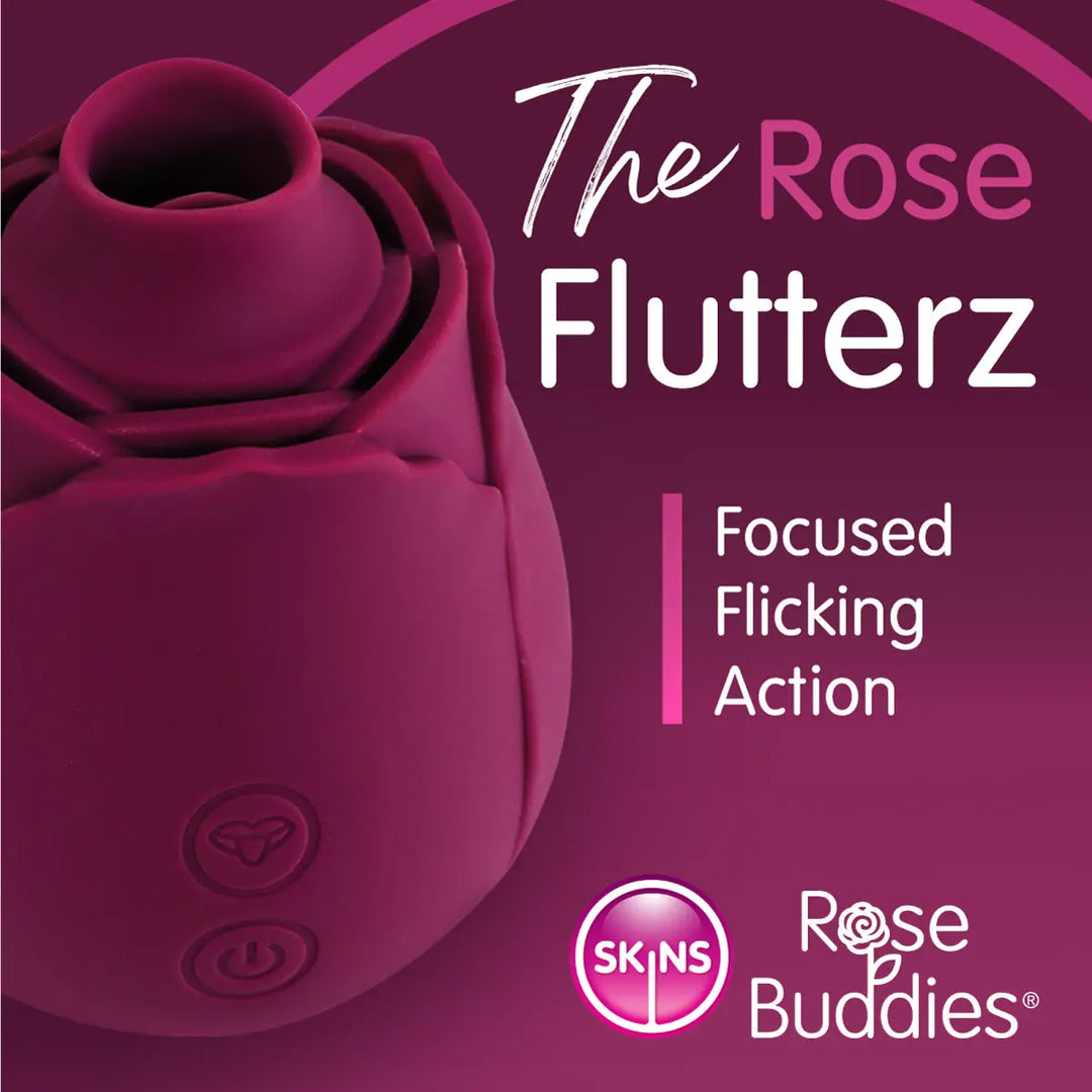 The Skins Rose Flutterz clitoral vibrator shown on a purple background