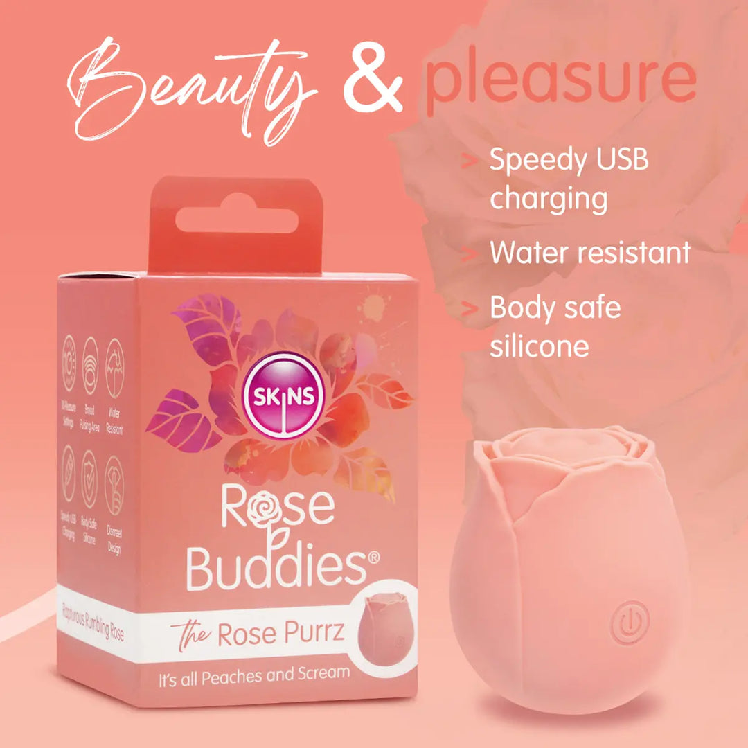Purrz rose vibrator shown next to its floral packaging