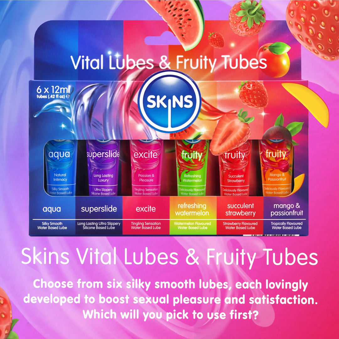Promotional packaging of Skins Vital Lubes & Fruity Tubes with colorful labels and SKINS branding.
