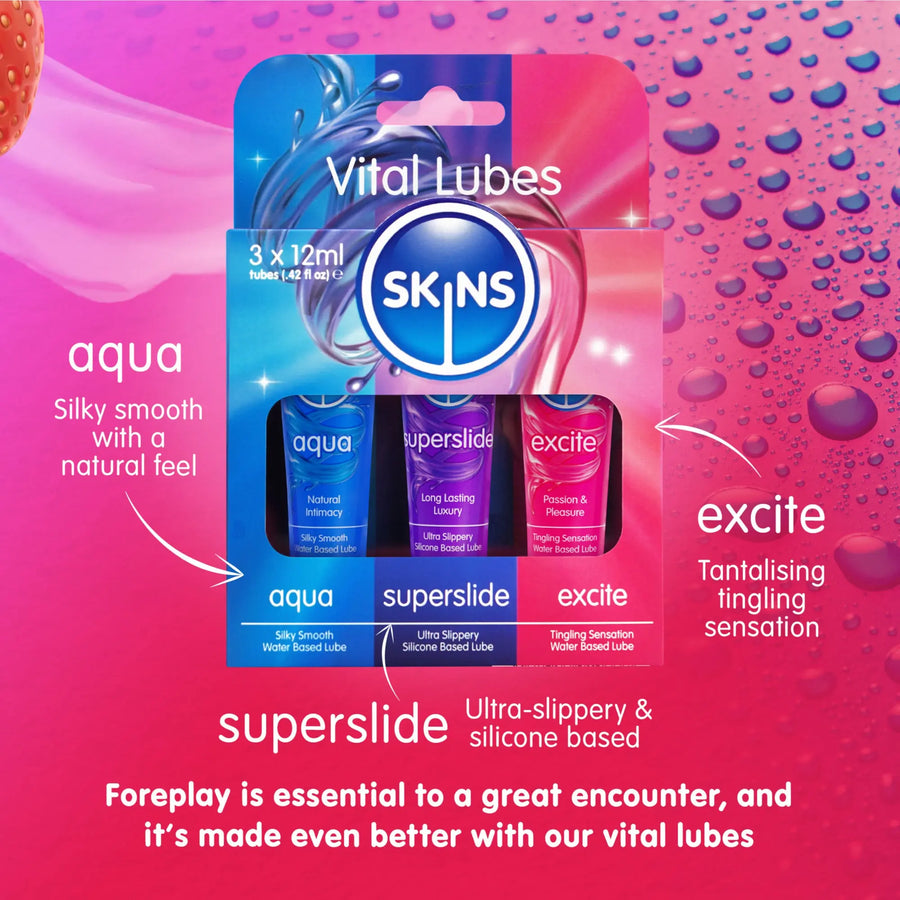 SKINS Vital Lubes packaging with 'aqua', 'superslide', and 'excite' variants on a pink background.