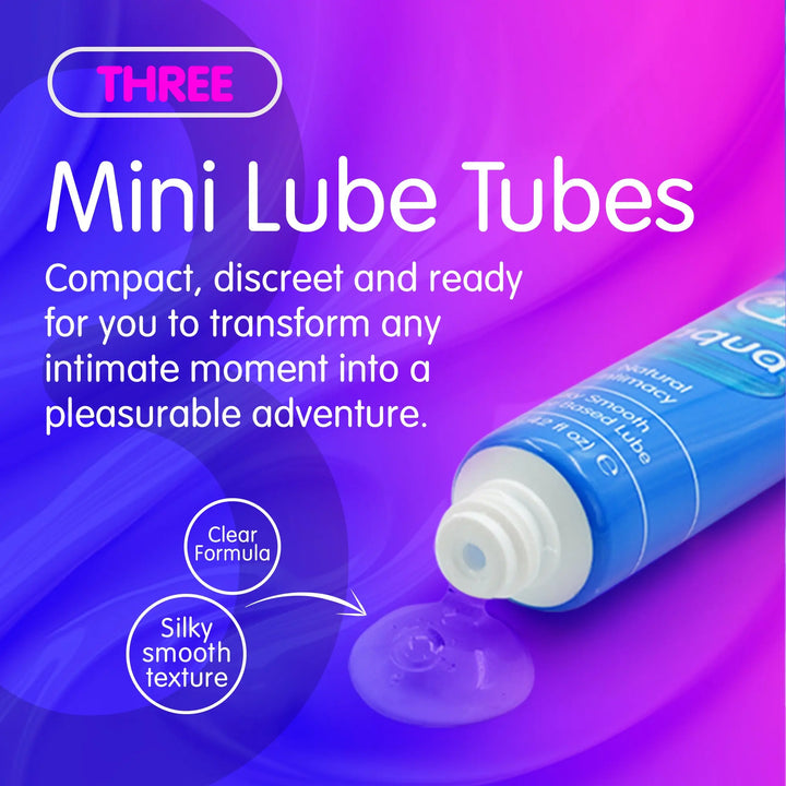 Advertisement for mini lube tubes with a blue tube on a purple background