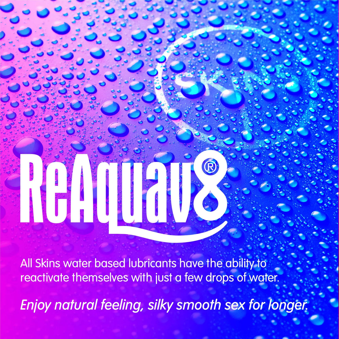 ReAquav8 lubricant advertisement with water droplets on a blue and purple gradient background.