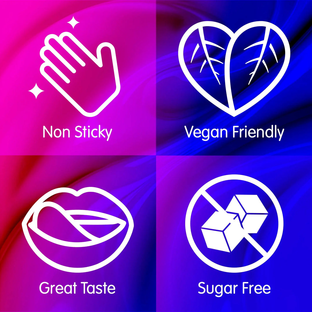 Four icons representing non-sticky, vegan friendly, great taste, and sugar free attributes on a colorful background.