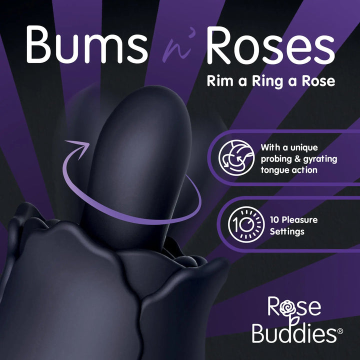 Rose Buddies Bums n' Roses poster showing product on a black and purple striped background and some info about product settings 
