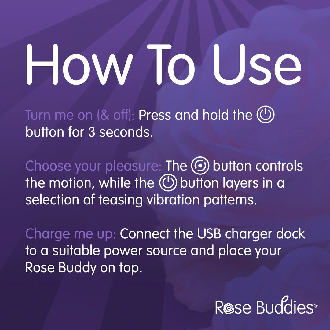 Instructions on how to use Rose Buddies products with a purple background