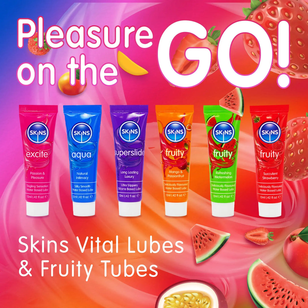 Promotional image of Skins Vital Lubes & Fruity Tubes with colorful packaging and fruit graphics on a vibrant background.