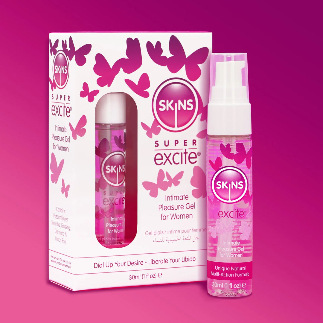 SKINS Super Excite product packaging with pink butterflies on a pink background