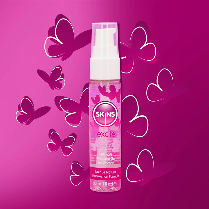 Skins excite product bottle on a pink background with butterflies and hearts
