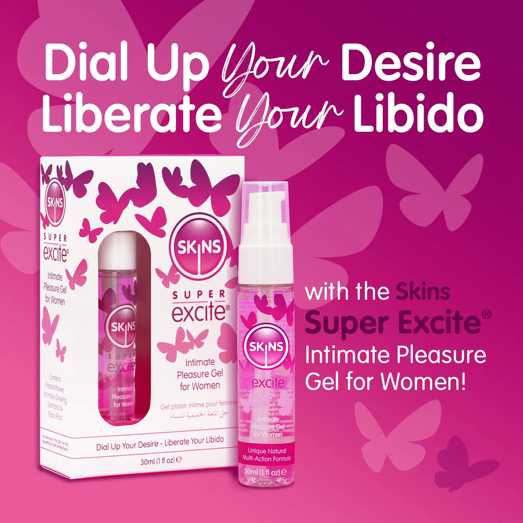 SKINS Super Excite intimate pleasure gel packaging on a pink background with butterfly graphics.