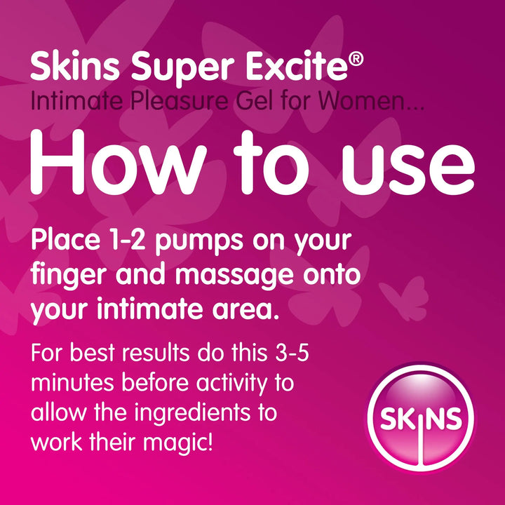 Instructions for using Skins Super Excite Intimate Pleasure Gel for Women on a pink background with butterfly designs.