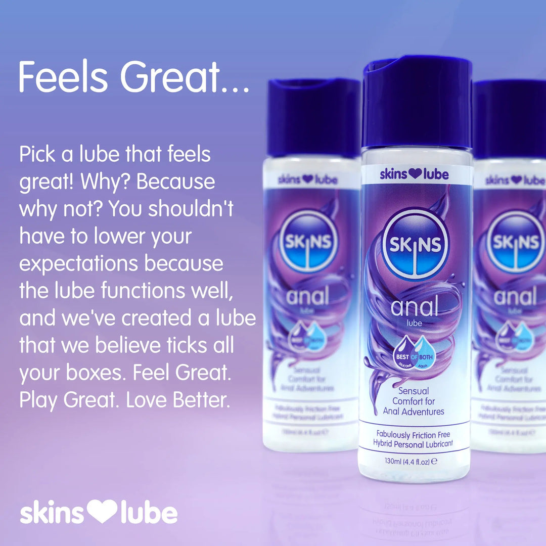 Three bottles of Skins anal lube on a purple background with promotional text.