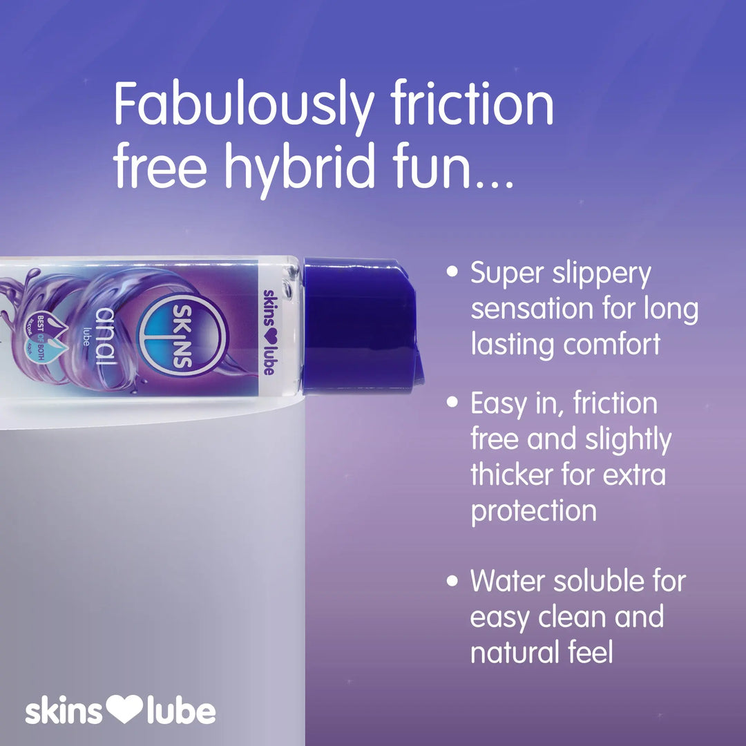 Skins lube bottle with promotional text on a purple background