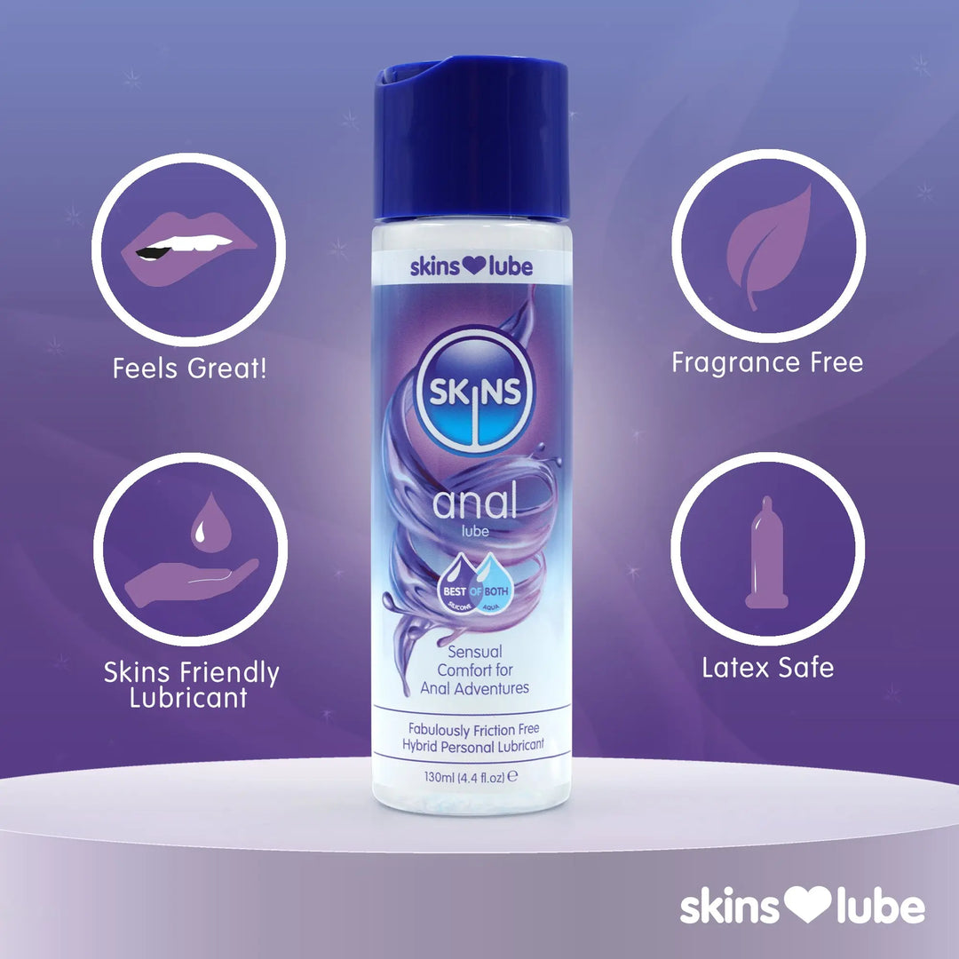 Skins Anal Lube can with features on a purple background