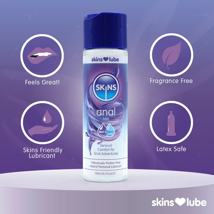 Skins Anal Lube can with features on a purple background