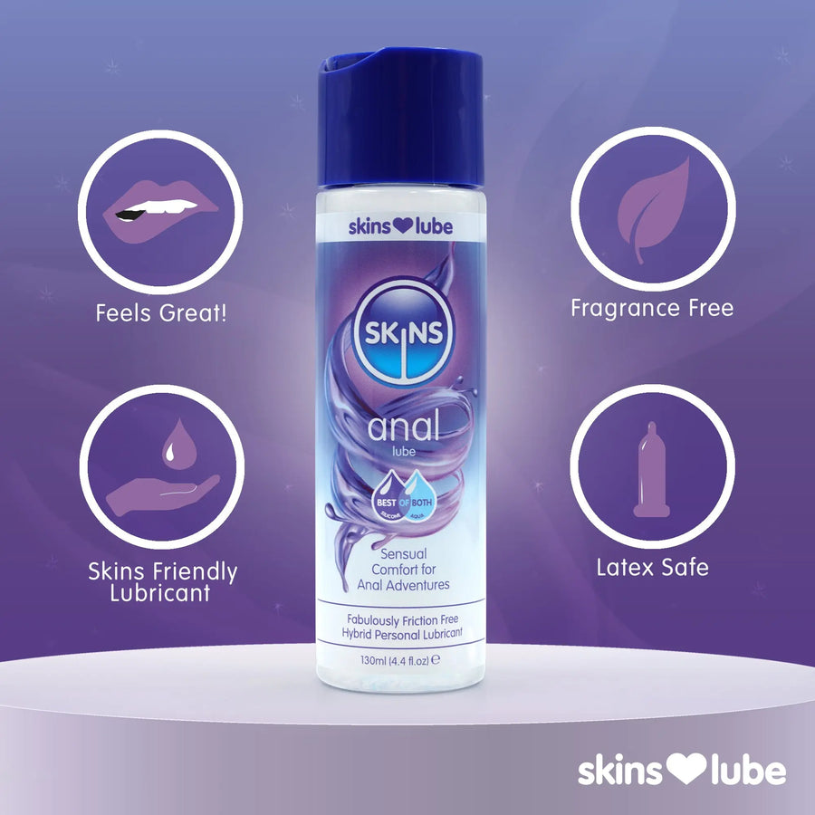 Skins Anal Lube can with features on a purple background