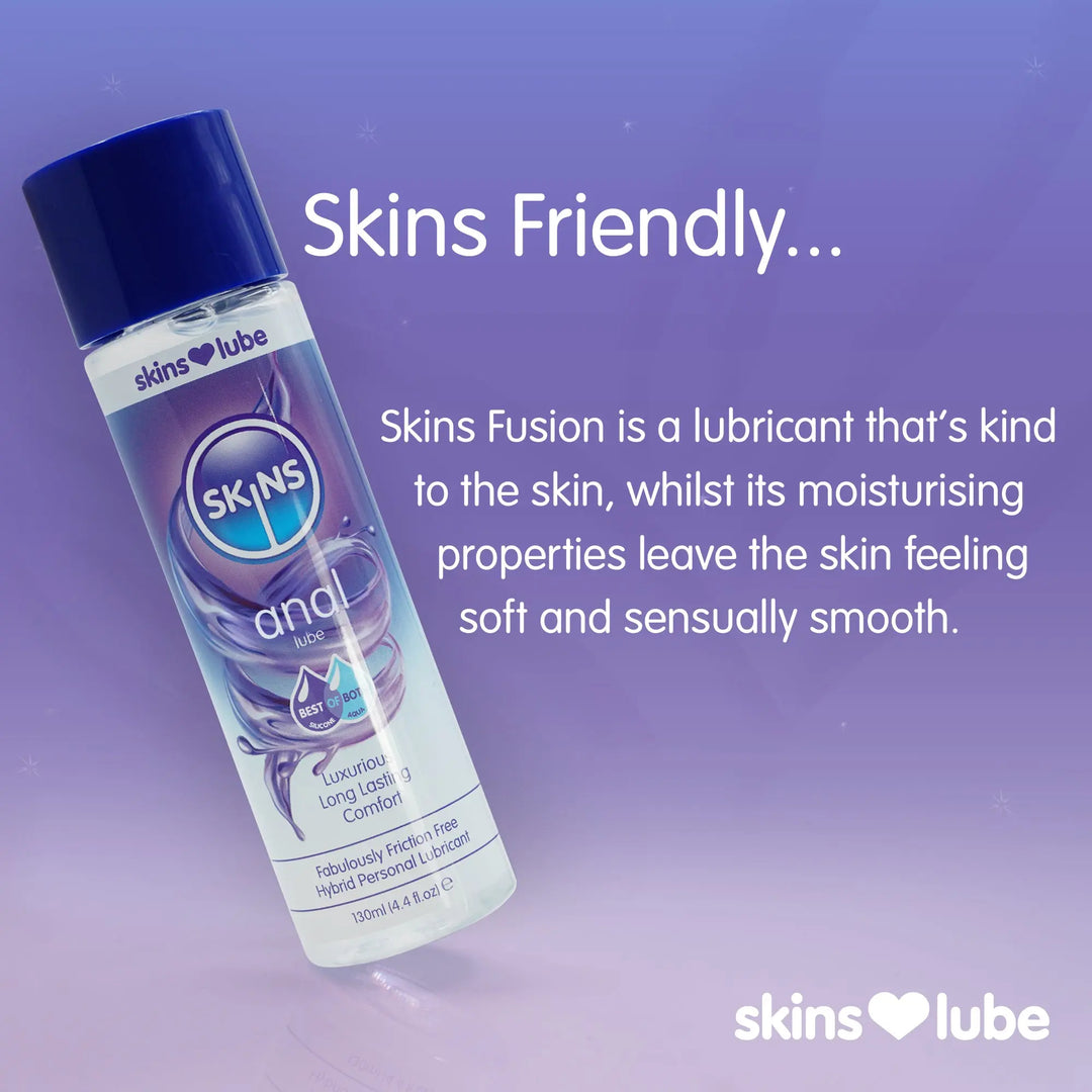 Skins Lube bottle with promotional text on a purple background