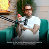 Pete Wicks sitting on a teal couch with a microphone, holding a Skins Lix Rose Buddy, in a studio setting.