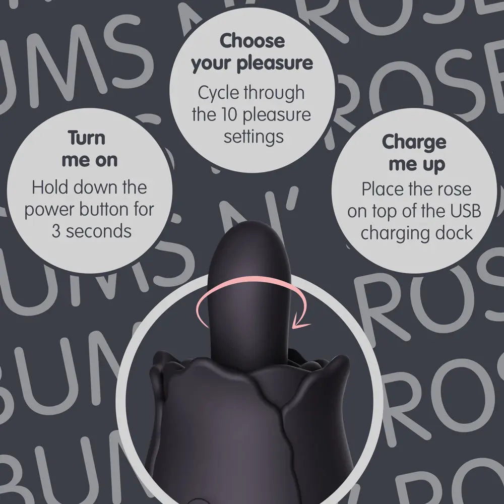 Skins Bums n' Roses Rose Buddy on a grey background with instructions to "turn me on", "choose your pleasure", and "charge me up"