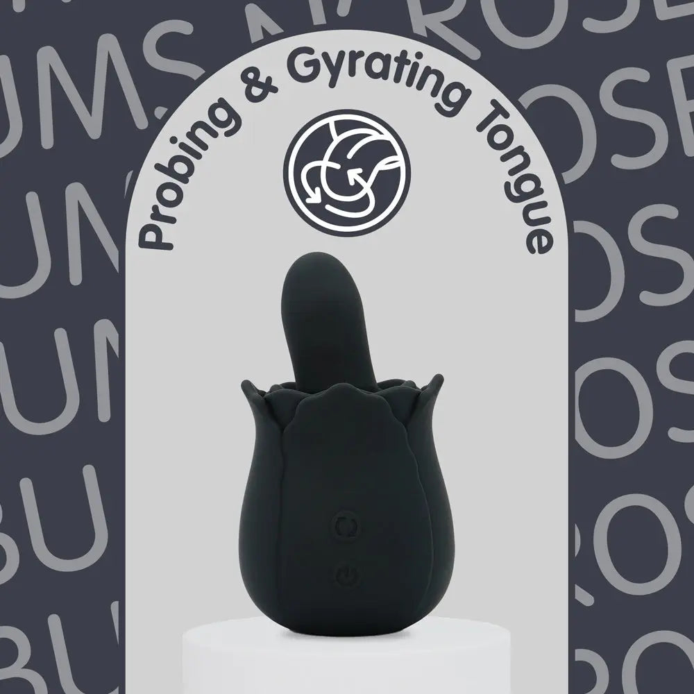 Skins Bums n' Roses Rose Buddy product on a grey background with text "probing & gyrating tongue" curved above it