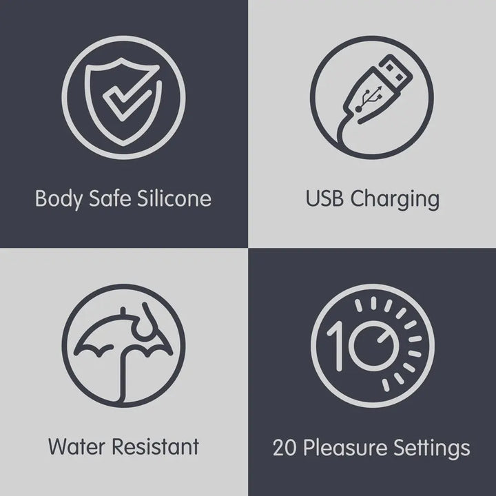 Set of icons indicating features such as body safe silicone, USB charging, water resistance, and 20 pleasure settings on a checked grey background.