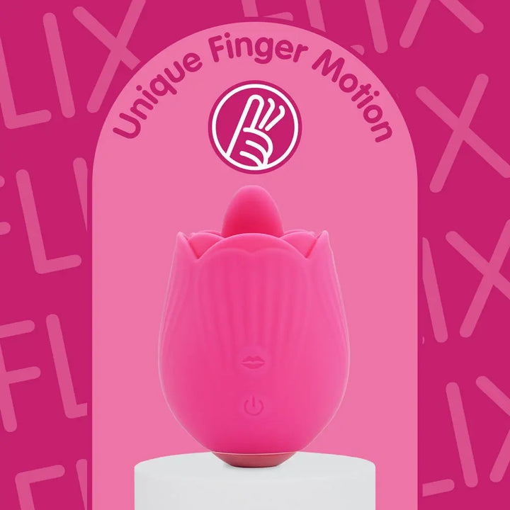 Pink tulip-shaped product with 'Unique Finger Motion' branding on a pink background