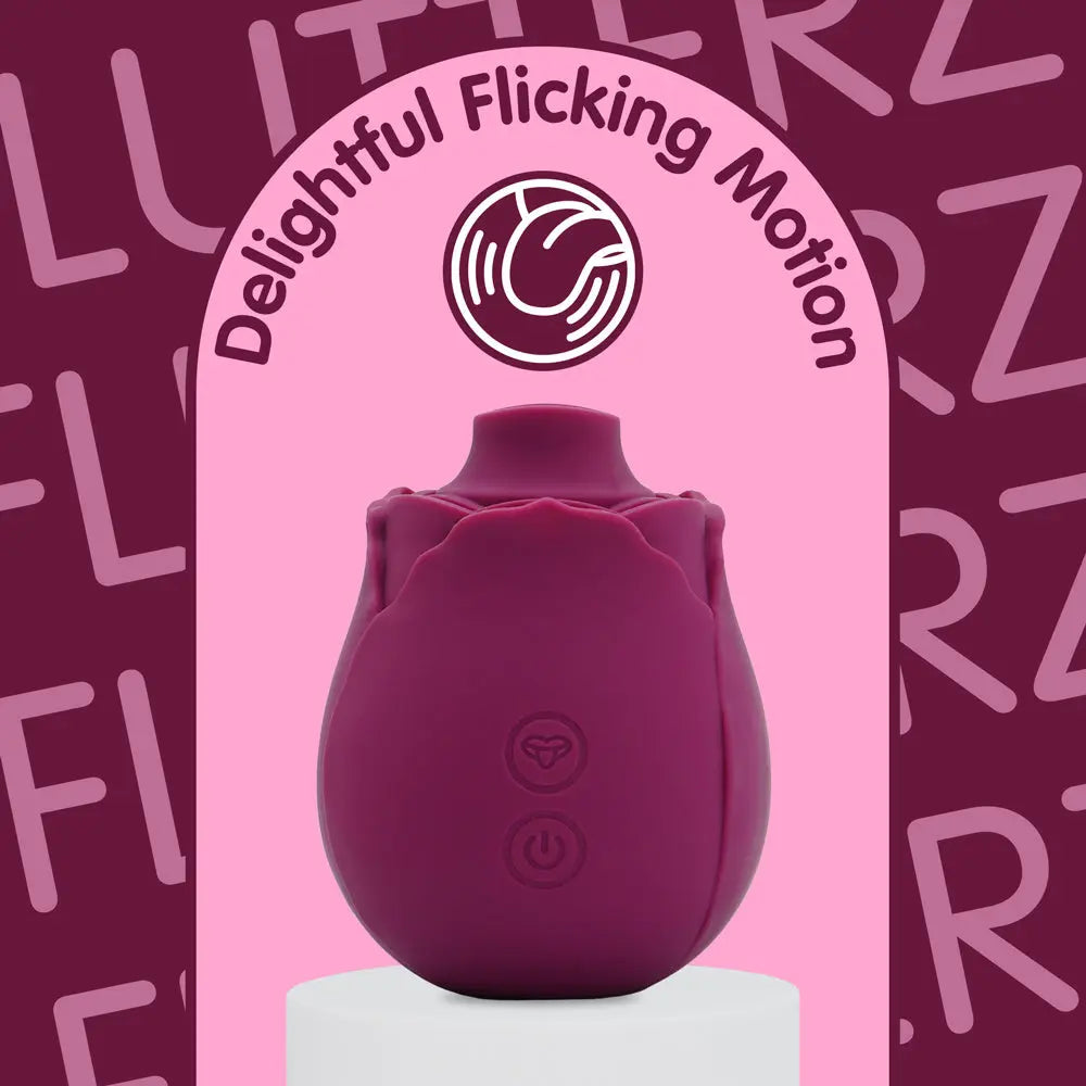 Purple toy with 'Delightful Flicking Motion' text on a pink and purple background