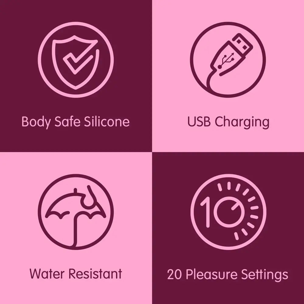 Icons and text describing features of a product on a pink and purple gradient background.