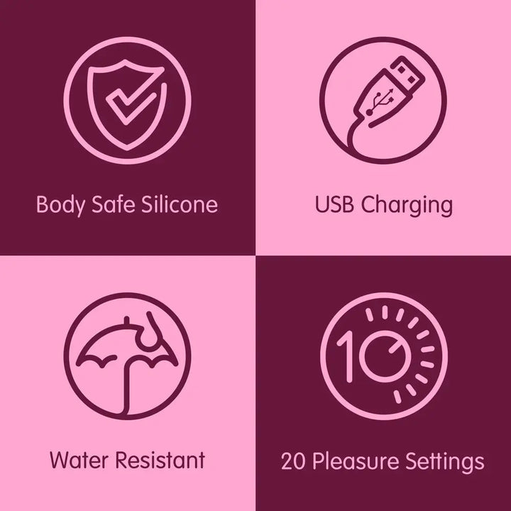 Icons and text describing features of a product on a pink and purple gradient background.
