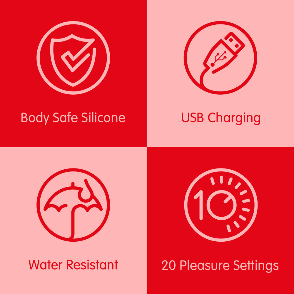 Four icons with text on a red and pink background, indicating features like body-safe silicone, USB charging, water resistance, and 20 pleasure settings.
