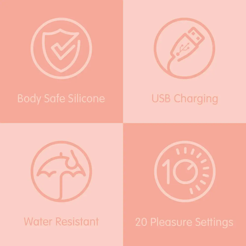 Four icons with text on a pink background indicating features like body-safe silicone, USB charging, water resistance, and 20 pleasure settings.