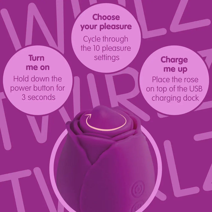 Purple rose-shaped device with charging instructions on a purple background