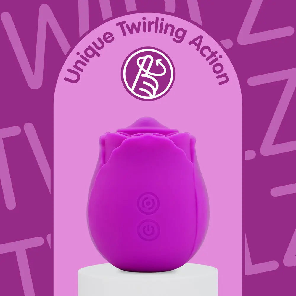 Purple rose toy with 'Unique Twirling Action' text on a pink background