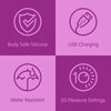 Four icons on a purple background with text describing features like body safe silicone, USB charging, water resistance, and 20 pleasure settings.