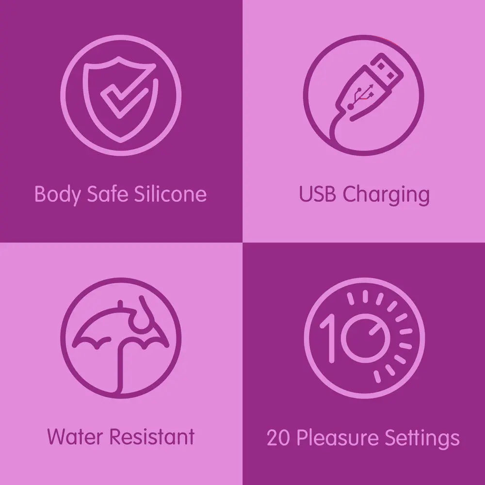Four icons on a purple background with text describing features like body safe silicone, USB charging, water resistance, and 20 pleasure settings.