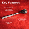 Massage tool with text highlighting key features on a red background