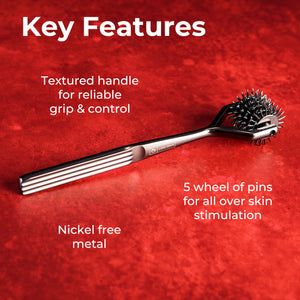 Massage tool with text highlighting key features on a red background
