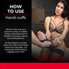 Instructions on how to use handi-cuffs with a model wearing lingerie.